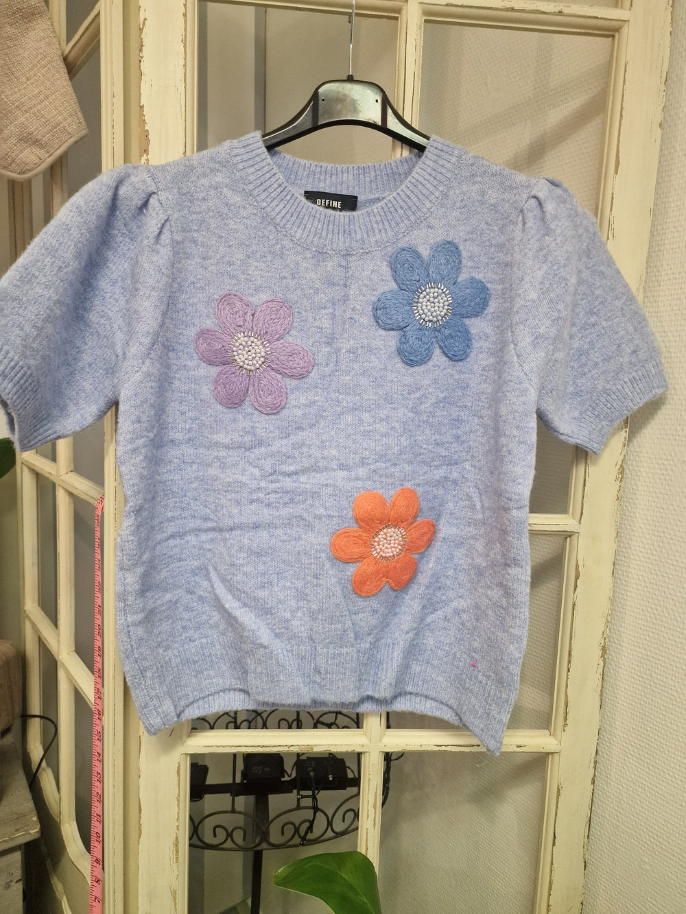 strikbluse fra Define Lea strik bluse blå med blomster