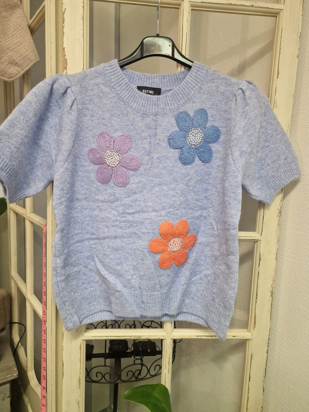 strikbluse fra Define Lea strik bluse blå med blomster