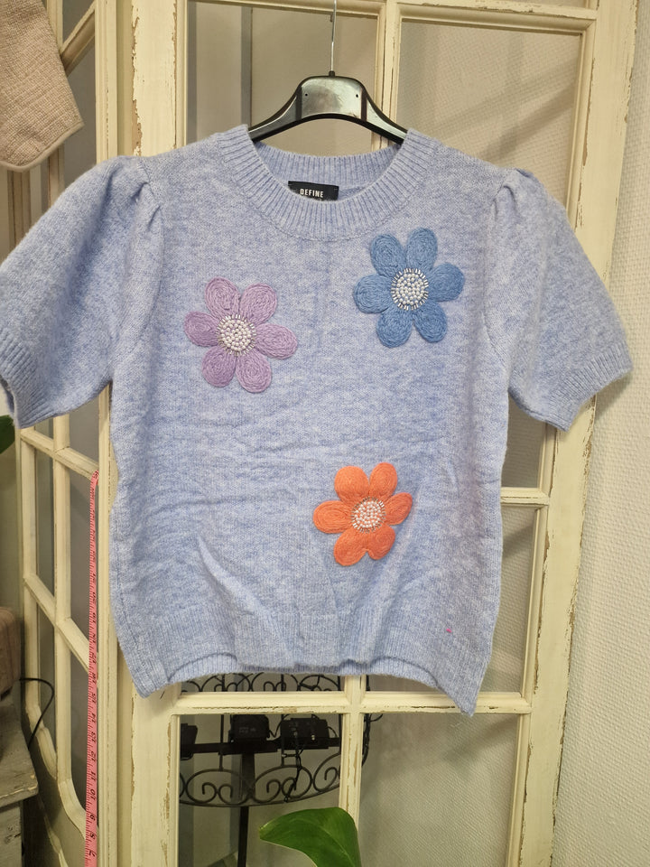 strikbluse fra Define Lea strik bluse blå med blomster