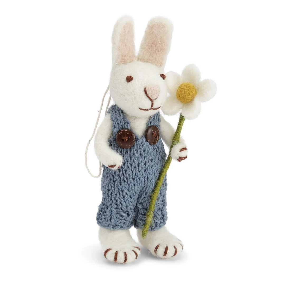 Hvid Hare m. blå bukser og marguerit - 13 cm