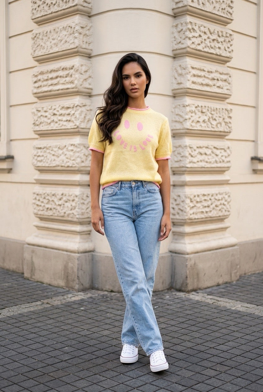 Boho Love Strik Bluse m. Smiley - Gul