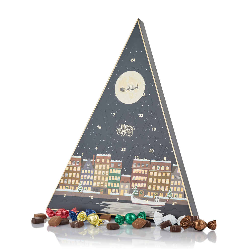 chokolade julekalender fra cocoture i blå æske julekalender med cocoture chokolade